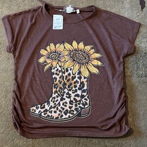 Brown T-Shirt with Sunflower and Leopard Boot Design